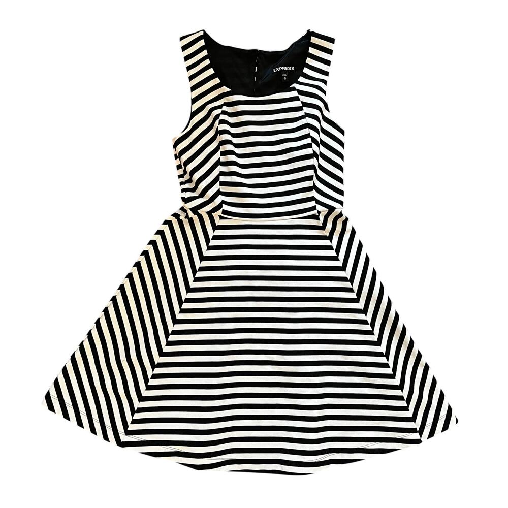 EXPRESS Black and White Striped Fit and Flare Dress | XS